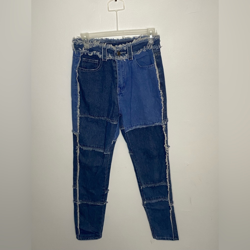 SHEIN High Waist Raw Trim Spliced Jeans Different Colour Tones - Small